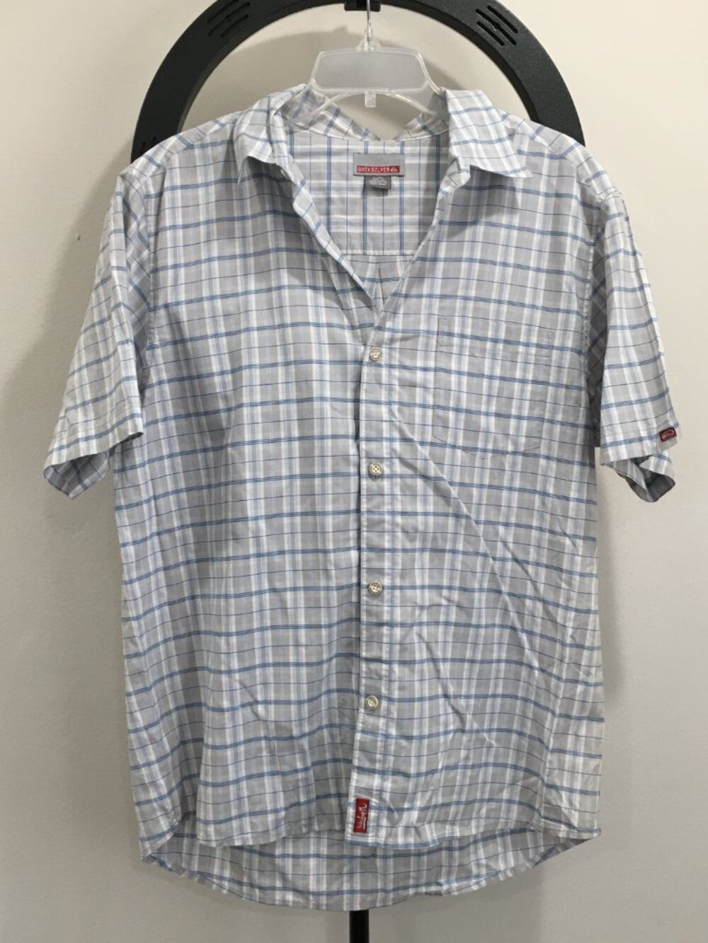 QUICKSILVER Gray Blue White Checks Short Sleeve Logo Button Shirt